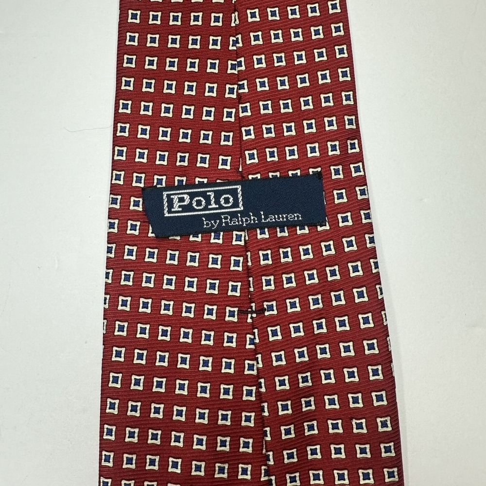 Polo Ralph Lauren Necktie Mens One Size Red Geometric Square Silk Handmade USA